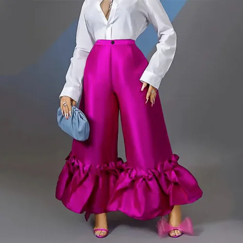GX3388 Hot sale fashion high zipper waist ruffled pleated satin elegant wide leg pants women