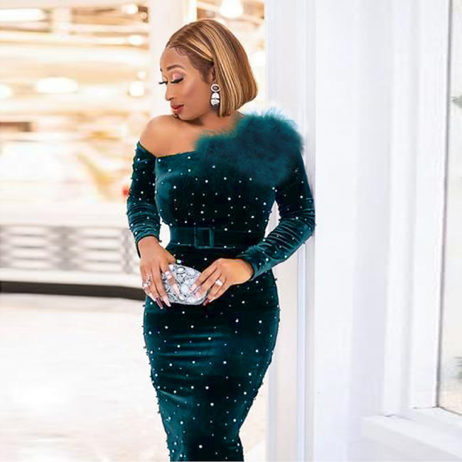 AM2111 Autumn and Winter New Style Sexy Slant Shoulder Velvet Dress Sequin Dress Party Dress