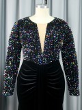 Custom V-neck Women's Dress Long Elegant Plus Size Party Prom Dress Sequins Slim Evening Long Sleeve Dress