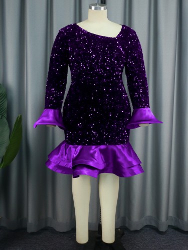 Fashion Long sleeve flared sleeve sequined purple party dress