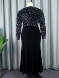 Custom V-neck Women's Dress Long Elegant Plus Size Party Prom Dress Sequins Slim Evening Long Sleeve Dress