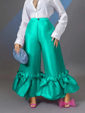 GX3388 Hot sale fashion high zipper waist ruffled pleated satin elegant wide leg pants women