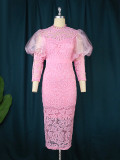 Long lace hollowed-out Lantern sleeve high waist evening dress women's party dress