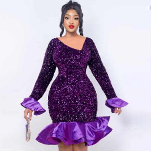 Fashion Long sleeve flared sleeve sequined purple party dress