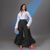 GX3388 Hot sale fashion high zipper waist ruffled pleated satin elegant wide leg pants women