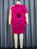 Women Three-dimensional Flower Dress Banquet Party Skew Collar Single Sleeve Midi Evening Dress