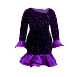 Fashion Long sleeve flared sleeve sequined purple party dress