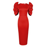 AM220714 Hollow Pleated Solid High Waist Banquet Event Evening Dress Women's Party Dress