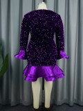 Fashion Long sleeve flared sleeve sequined purple party dress