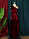 J&H  new arrivals ladies elegance one shoulder pleat maxi dress fashion metallic color evening party dresses
