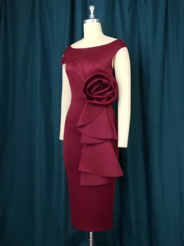 Geo'Peck New fashion round collar floral dark red dress