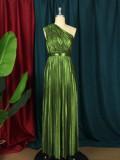 J&H  new arrivals ladies elegance one shoulder pleat maxi dress fashion metallic color evening party dresses