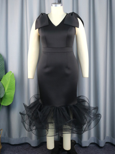 Elegant Evening Gowns Black V-neck Bowknot Sleeveless Plus Size Ruffled Party Dress Mesh Fish Tail Dresses Formal for Women