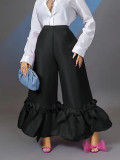 GX3388 Hot sale fashion high zipper waist ruffled pleated satin elegant wide leg pants women