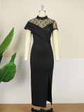 Ladies Lace Vintage Side Slit Pencil Dresses Off Shoulder Ruffled O-Neck Office Bodycon Evening Dress for Women