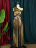 J&H  new arrivals ladies elegance one shoulder pleat maxi dress fashion metallic color evening party dresses