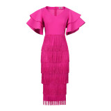 Fashion Women Tassel Dresses For Party V Neck Ruffles Sleeves Elastic Dress Elegant Prom Lady Gown