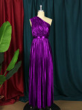 J&H  new arrivals ladies elegance one shoulder pleat maxi dress fashion metallic color evening party dresses