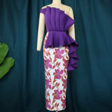 European and American women's dress with floral patterns, one-step skirt with one shoulder strap and oblique collar.