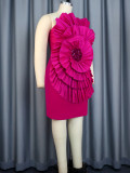 Women Three-dimensional Flower Dress Banquet Party Skew Collar Single Sleeve Midi Evening Dress