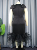 Elegant Evening Gowns Black V-neck Bowknot Sleeveless Plus Size Ruffled Party Dress Mesh Fish Tail Dresses Formal for Women