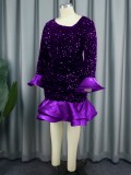Fashion Long sleeve flared sleeve sequined purple party dress
