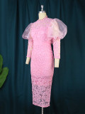 Long lace hollowed-out Lantern sleeve high waist evening dress women's party dress