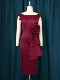 Geo'Peck New fashion round collar floral dark red dress