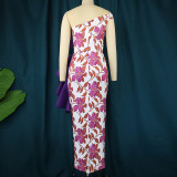 European and American women's dress with floral patterns, one-step skirt with one shoulder strap and oblique collar.