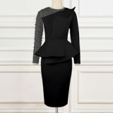European and American women's stitching dress beaded high waist slim dress skirt slim dresses sexy