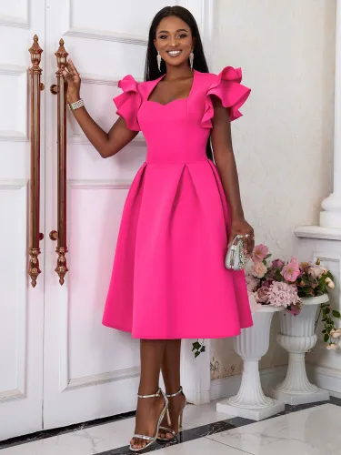 Women's fashion square collar ruffled sleeves high waist A-line dress Birthday party dress