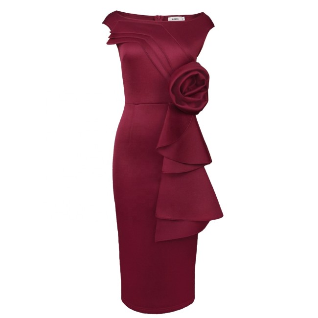 Geo'Peck New fashion round collar floral dark red dress