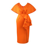 Women's Embroidered Party Dress 2023 Mesh Spliced Ruffle Sleeve Open Back Waist Lace Plus Size Women's Dresses