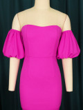 Geo'Peck Summer new bubble sleeve strapless dress  off-shoulder high waist ruffled  mid-length dress
