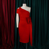 D3092 Sexy Single Shoulder Bow Space Cotton Women Dress Summer 2023 Plus Size Sleeveless Wrap Hip Party Dresses Elegant Outfits