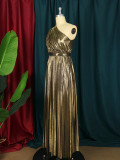 J&H  new arrivals ladies elegance one shoulder pleat maxi dress fashion metallic color evening party dresses