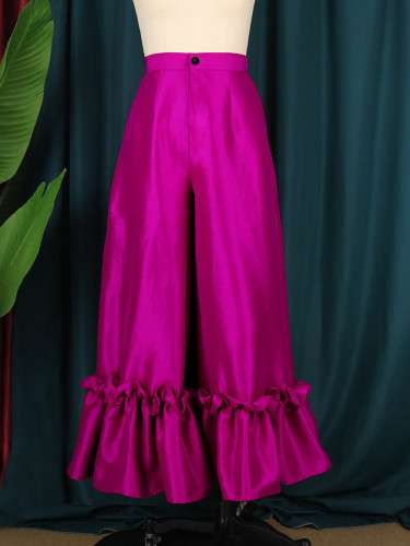 GX3388 Hot sale fashion high zipper waist ruffled pleated satin elegant wide leg pants women