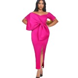 Sexy big bow split one-step dress warp hip dress