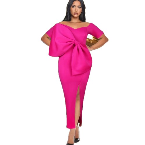 Sexy big bow split one-step dress warp hip dress