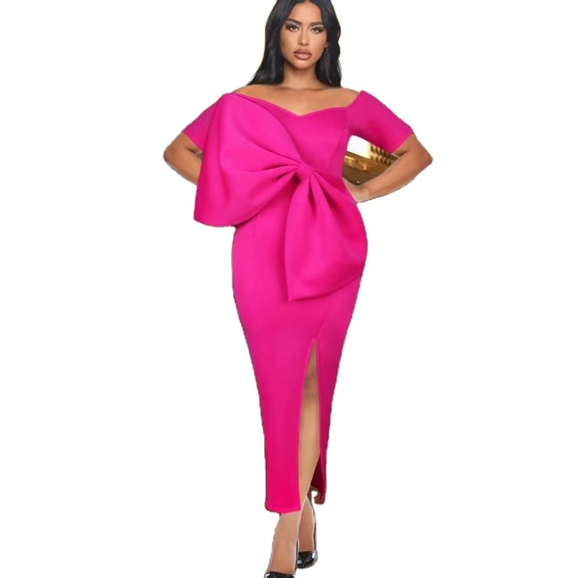 Sexy big bow split one-step dress warp hip dress