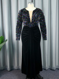 Custom V-neck Women's Dress Long Elegant Plus Size Party Prom Dress Sequins Slim Evening Long Sleeve Dress