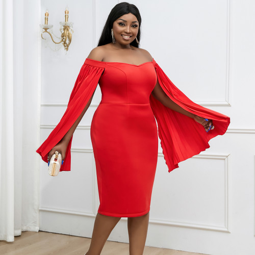Party Red Sexy AOMEI Official Pleat Off Shoulder Plus Size Ladies Dress