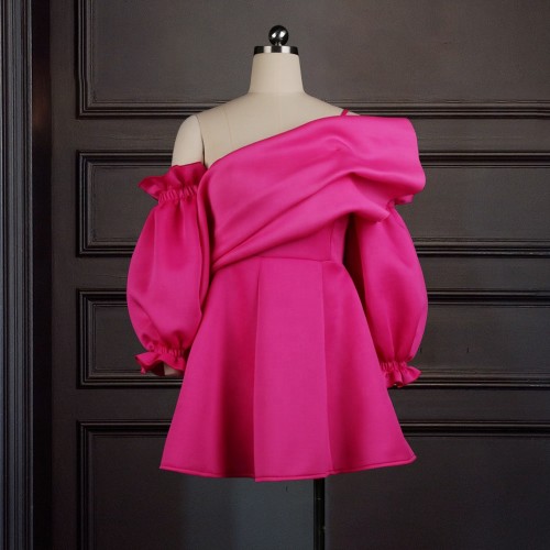 Summer Sexy Backless Off Shoulder Puff Sleeve Solid Color Pleated Mini Party Club Dress Female