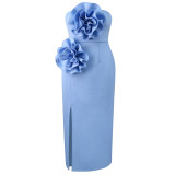 Fashion sleeveless backless sexy slim blue party dress