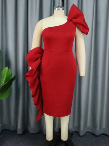Red Wholesale AOMEI Ruffles Sexy Women Evening One Shoulder Dresses