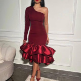 Women's sexy one shoulder long sleeve ruffled party dress