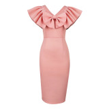 Large size new style temperament bow V-neck ruffle sleeve high waist wrapped hip skirt banquet dress for women dresses