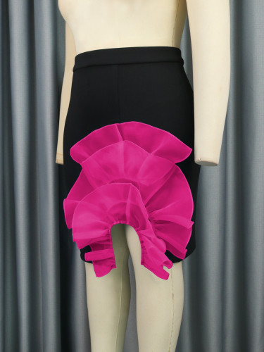 New Style Mid Waist Side Flower Design Short Irregular Denim Patchwork Skirt Women Sexy Denim 3D Floral Mini Jean Skirt