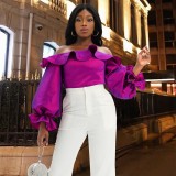 Summer new purple Off-the-shoulder Lantern Sleeves ruffle temperament top
