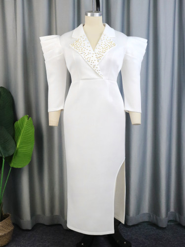 AM030203 Designer Style Styling Beaded Dress, Suit Collar, Elegant Shoulder Cushion Dress Dress Dress Dress